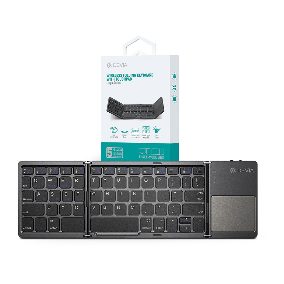 Devia összecsukható vezeték nélküli Bluetooth billentyűzet érintőpaddal - Devia Lingo Series Foldable Wireless Keyboard with Touchpad - fekete