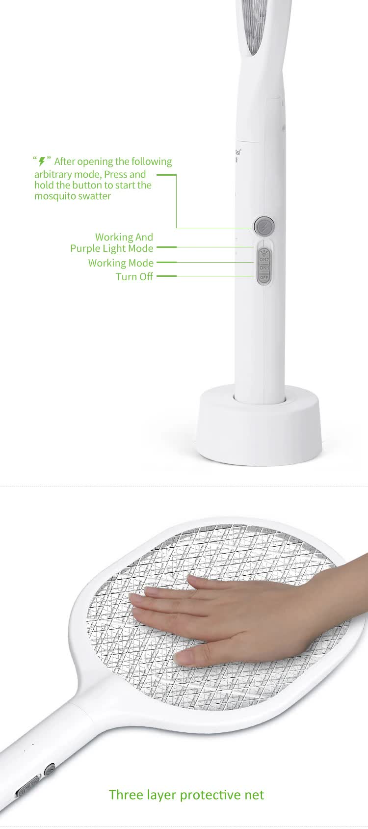 NNEDSZ White Rechargeable Electric Mosquito Racket - 2-in-1 Mosquito Killer with Lithium Battery, Fly Swatter & Mosquito Zapper for Home Use